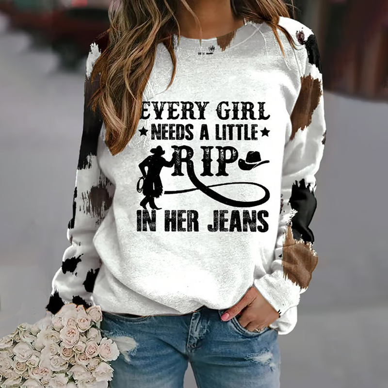 Women's Every Girl Needs A Little Rip In Her Jeans Art Print Crew Neck Sweatshirt