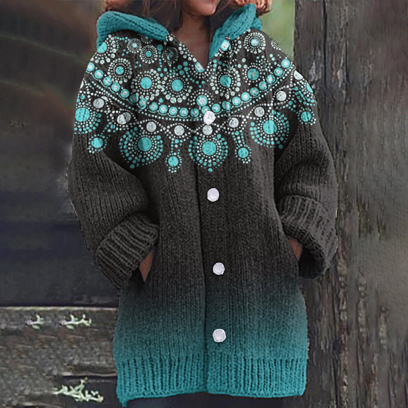 Western Vintage Geometric Gradient Cozy Hooded Cardigan