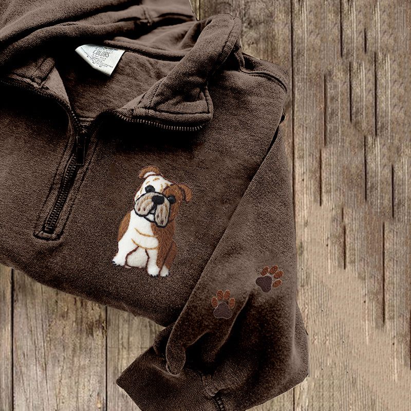 Cute English Bulldog Applique Embroidery Art Zipper Sweatshirt