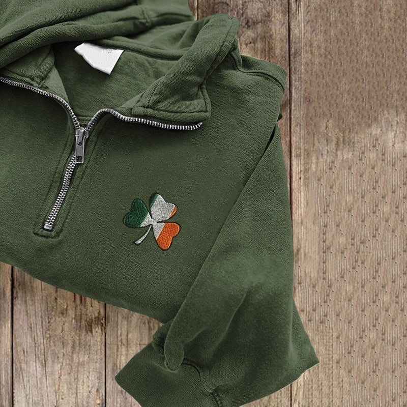 Irish Shamrock Embroidered Zipper Sweatshirt