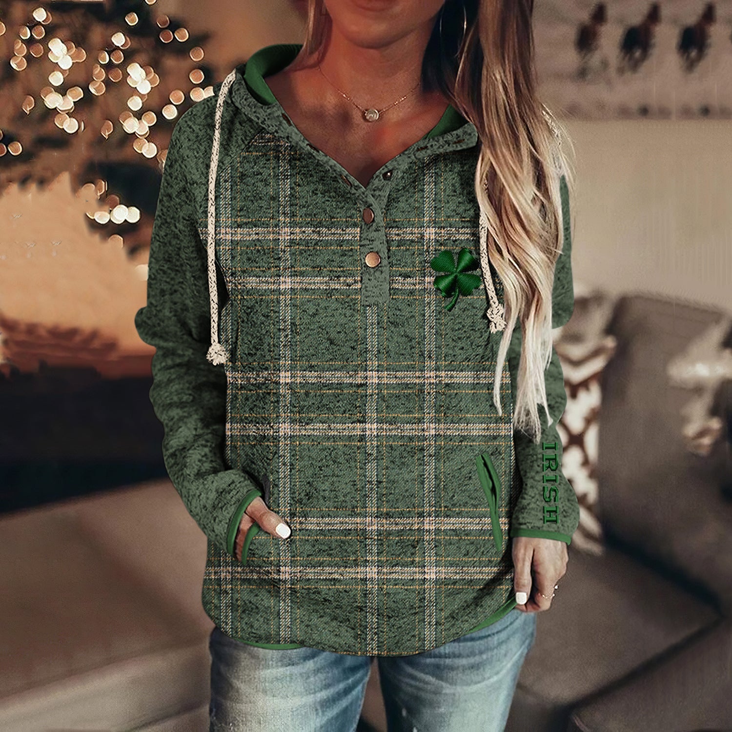 Ireland Four Leaf Clover Embroidery Check Button Hoodie