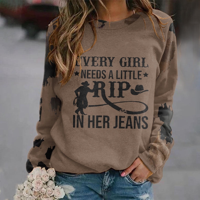 Women's Every Girl Needs A Little Rip In Her Jeans Art Print Crew Neck Sweatshirt