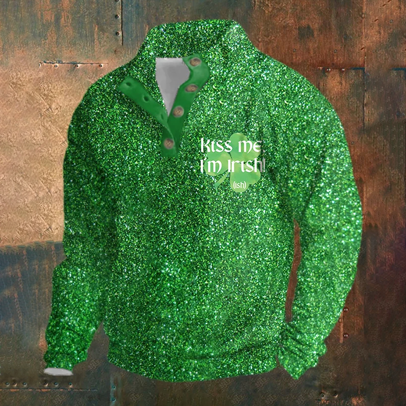 Men's Casual St Patrick'S Day Kiss Me I'M Irish Printed Button Casual Sweatshirt