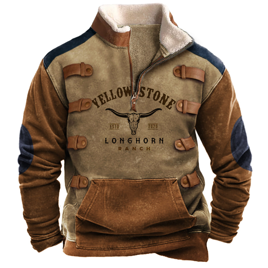 Men's Vintage Western Yellowstone Zipper Stand Collar Sweatshirt