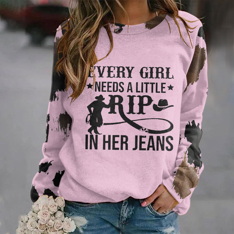 Women's Every Girl Needs A Little Rip In Her Jeans Art Print Crew Neck Sweatshirt