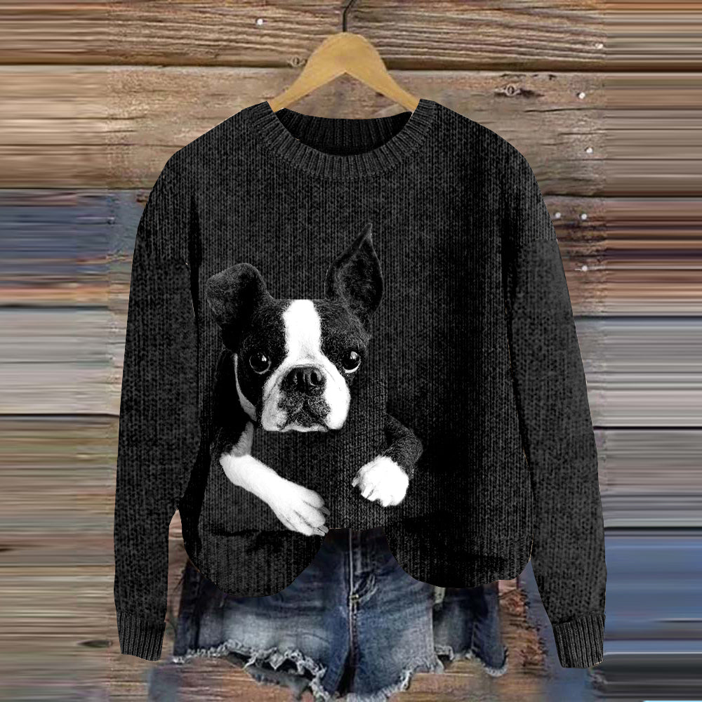 Cute Boston Terrier Lazy Puppy Applique Wool Felt Art Cozy Sweater