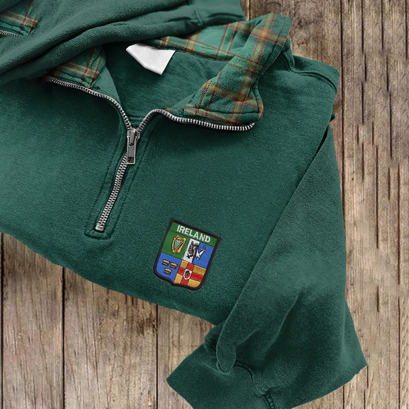 Ireland Plaid City Emblem Embroidery Zip Up Sweatshirt