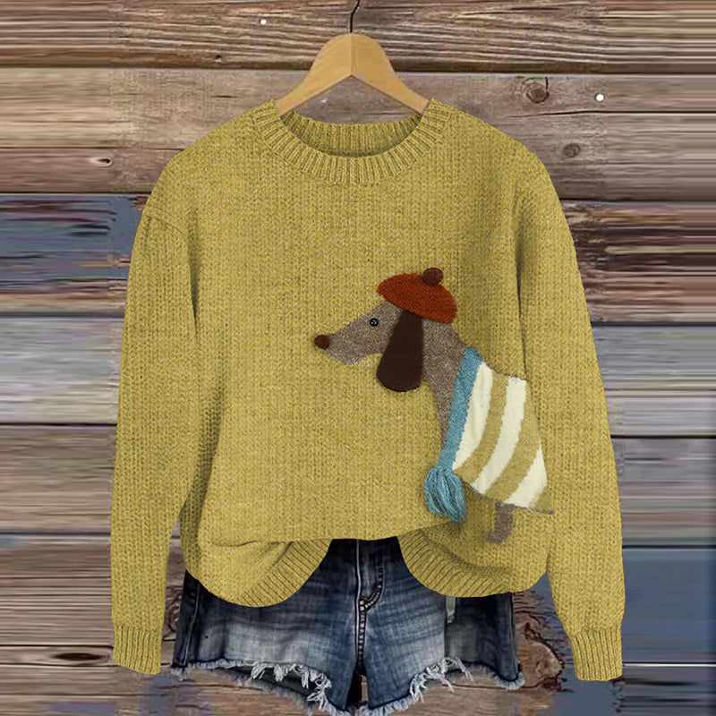 Dachshund Print Knitted Pullover Sweater