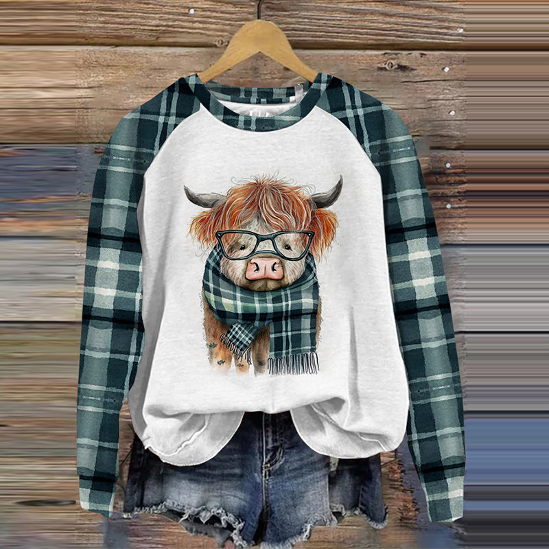 Glasses Highland Cow Print Crew Neck Sweatshirt