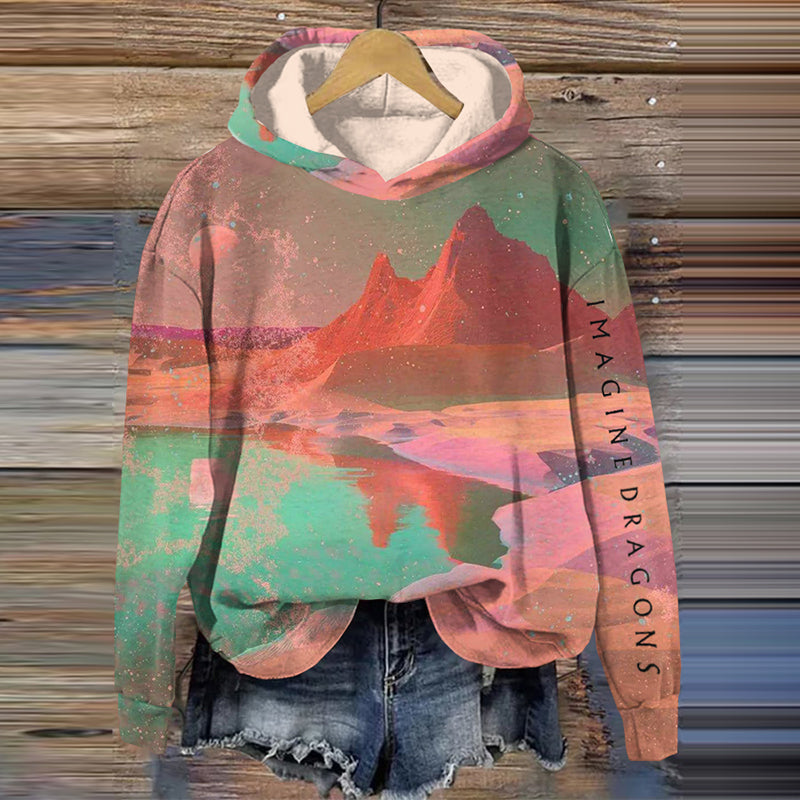 Vintage Rock Band Music Landscape Print Casual Hoodie