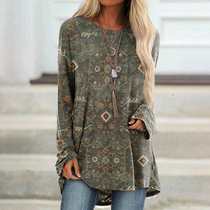 Vintage Print Crew Neck Long Sleeve Tunic