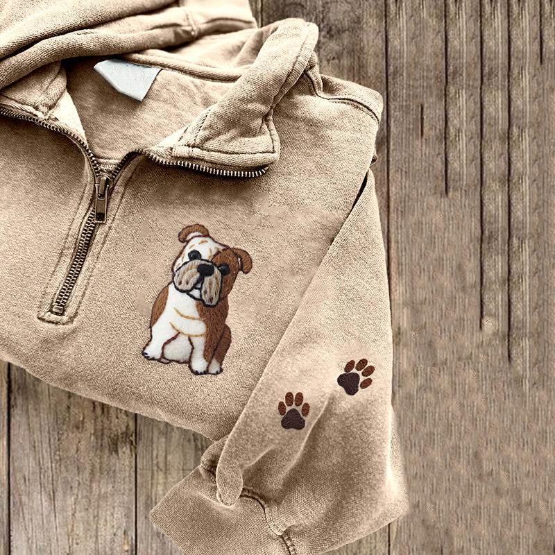 Cute English Bulldog Applique Embroidery Art Zipper Sweatshirt