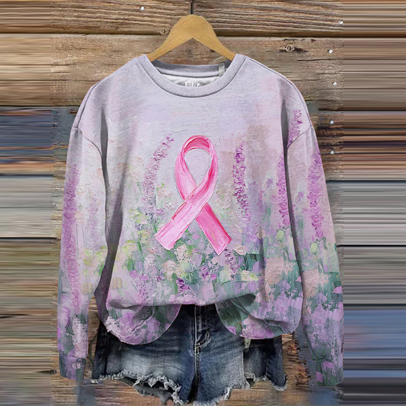 Breast Cancer Awareness Pink Ribbon Oil Painting Art Print Sweatshirt