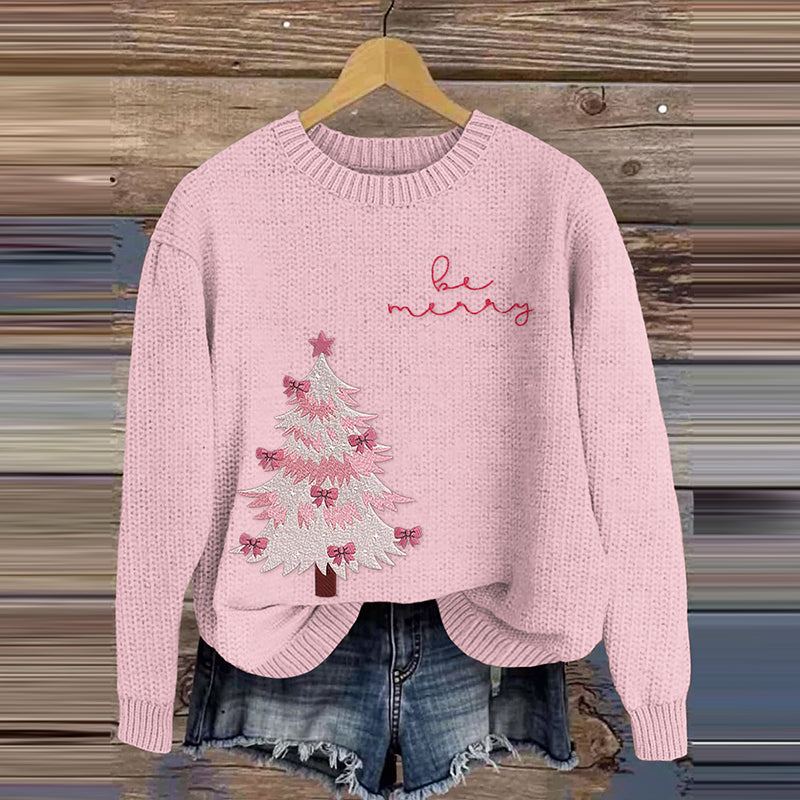 Pink Christmas Tree Embroidery Knitted Crewneck Sweater