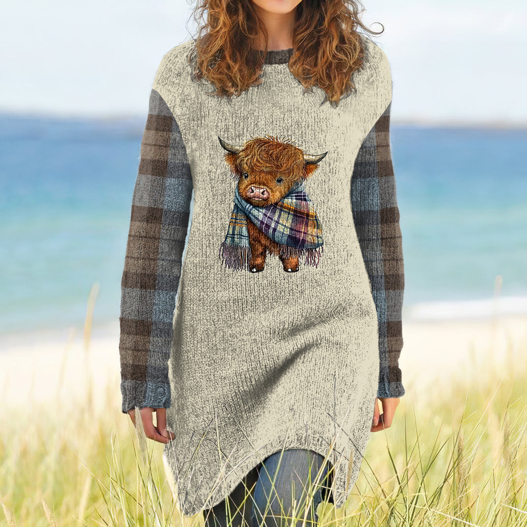 Vintage Tribal Highland Cow Art Cozy Sweater Dress