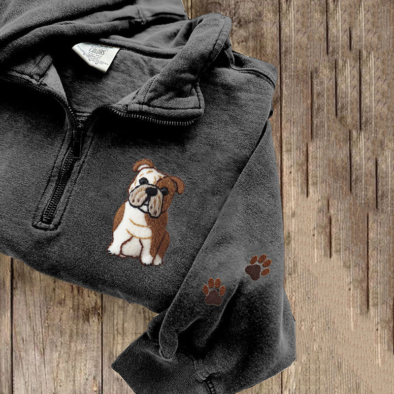 Cute English Bulldog Applique Embroidery Art Zipper Sweatshirt