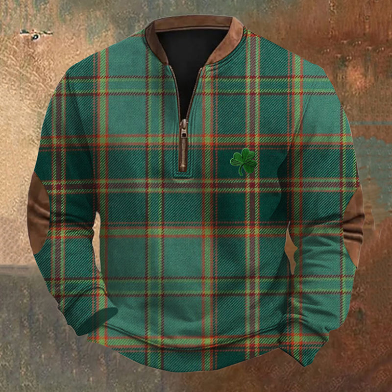 Vintage Ireland Plaid Embroidery Art Zip Up Comfy Sweatshirt