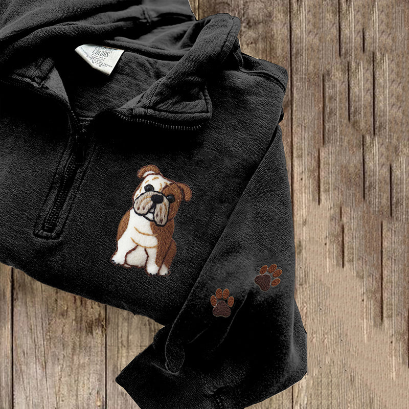 Cute English Bulldog Applique Embroidery Art Zipper Sweatshirt