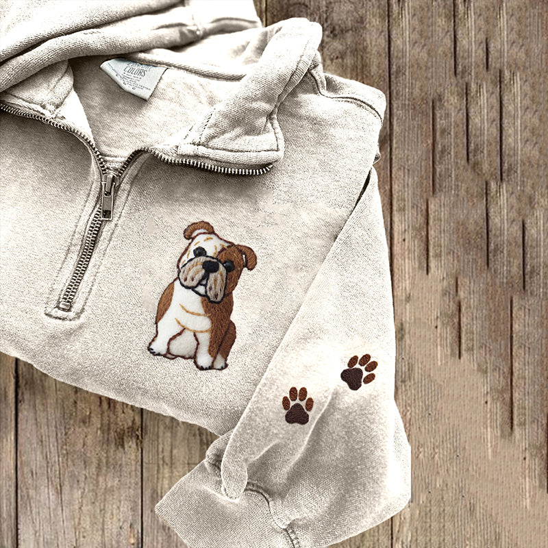 Cute English Bulldog Applique Embroidery Art Zipper Sweatshirt