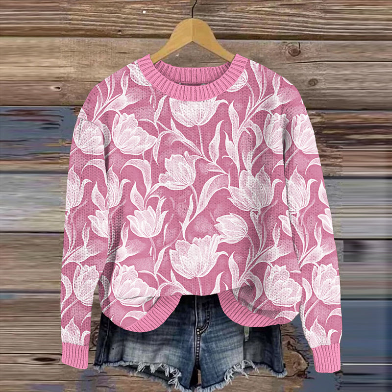 Vintage Pink Breast Cancer Awareness Floral Art Knit Sweater